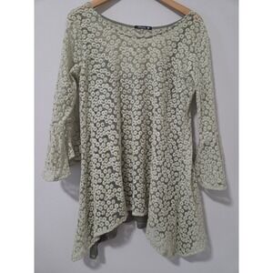 Adorn Sage Green Floral Daisy Lace Tunic Top Bell Sleeve Womens Large